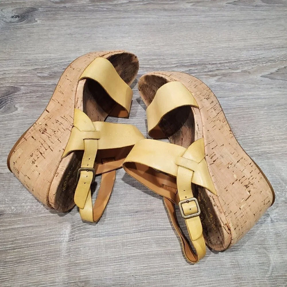 Kork-Ease Women's Beige Yellow Leather Platform Wedge Sandals Double Strap 8M